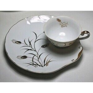 Lefton China Snack Plate & Cup Set Golden Wheat Pattern 4 Sets
